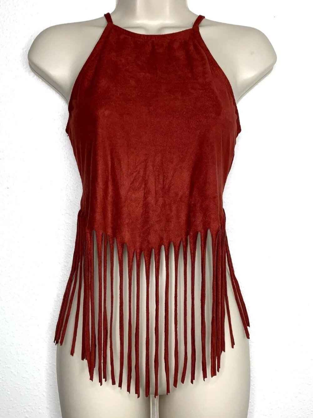 Y2K Faux Suede FRINGE Halter RACERBACK TOP M Boho Grunge Festival Hippie Concert